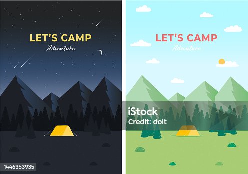 istock Day and night landscape illustrations with mountains. Evening Camp. Pine forest and rocky mountains. Campfire Nature landscape. Vertical web banner for summer camp. Modern flat design vector. 1446353935