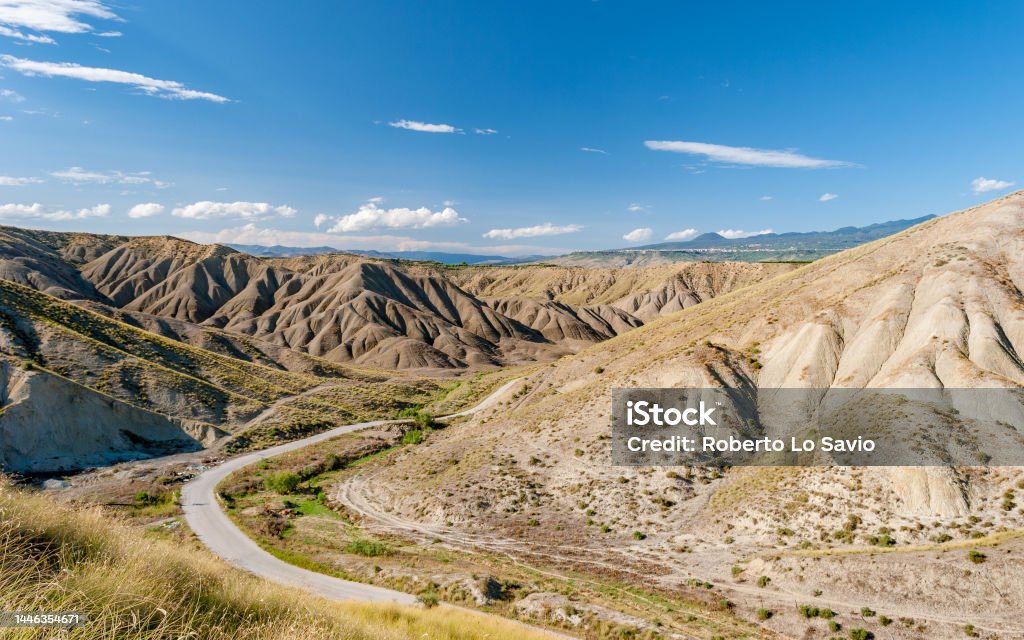 Badlands in the countryside of Sicily near Biancavilla, in the Catania province Arid Climate Stock Photo