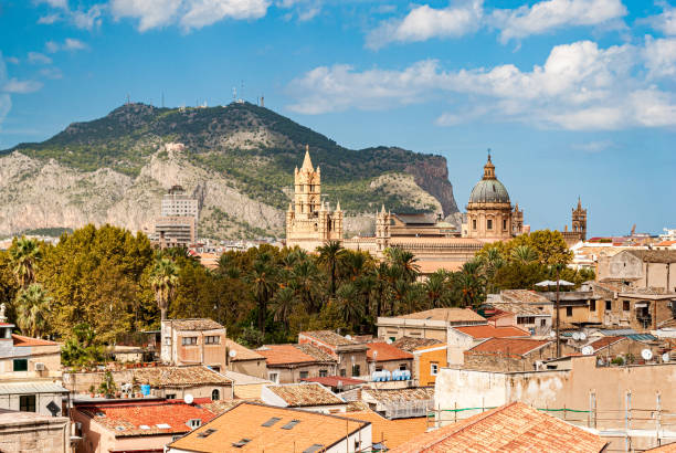 Panoramic view of Palermo with its cathedral and Monte Pellegrino in the background stock photo