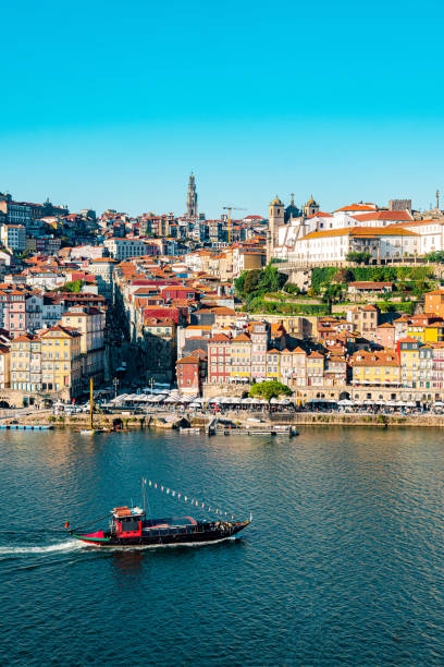 Porto downtown with Douro river and traditional port wine boats stock photo