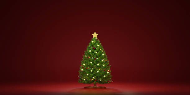 istock Christmas tree decoration on red background with copy space. 1446357296