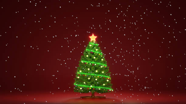 istock Christmas tree glow light decoration with snow falling on red background. 3D rendering 1446357336