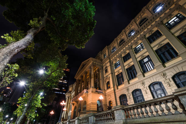 Facade of National Library Building in Downtown of Rio de Janeiro City at Night.