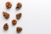 Christmas pine cones on colored paper border composition. Christmas, New Year, winter concept. Flat lay, top view, copy space
