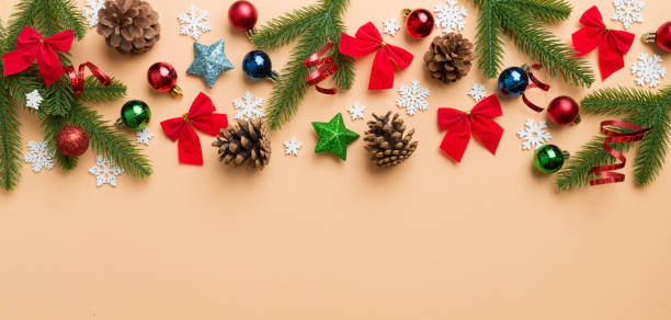 istock Christmas background with fir branches and Christmas decor. Top view, copy space for text 1446360290