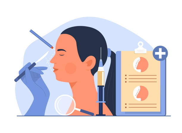 женщина, делающая ринопластику концептуальная иллюстрация - nose job illustrations stock illustrations