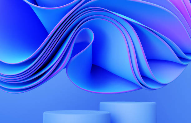 istock Neon, blue and pink podium background with abstract wavy cloth, folded fabric 1446361770