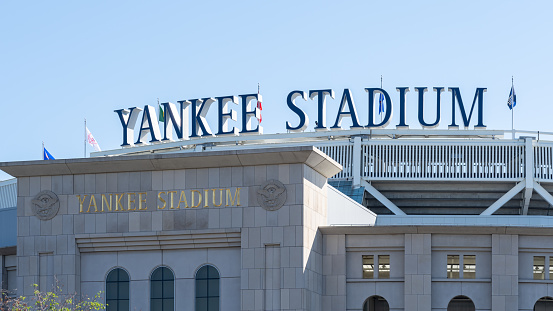 New York, NY, USA - August 19, 2022: Yankee Stadium sign is seen in New York, NY, USA. The current Yankee Stadium is a baseball stadium located in the Bronx, New York City.