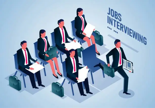 Vector illustration of A group of businessmen waiting for an interview and preparing for an interview for a new job, looking for a job or seeking new employment opportunities, HR recruitment, people waiting for employment