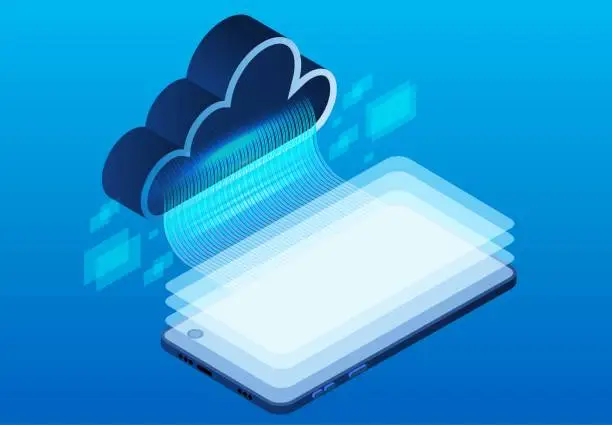 Vector illustration of Isometric cloud and smartphone online file transfer and backup, cloud data storage, file sharing, copy files, data exchange