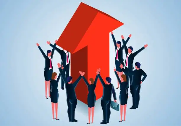 Vector illustration of Isometric group of businessmen excitedly cheering pointing at the growing red arrows, conquering adversity to turn a profit, economic recovery, rising wages, higher interest rates or interest rates, anticipating or predicting su