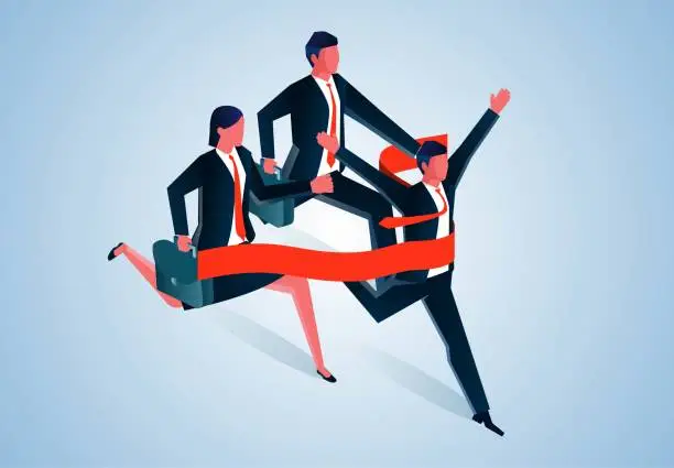 Vector illustration of Isometric three businessmen running sprint finish line, business or professional competition, the challenge is successful to get the first place