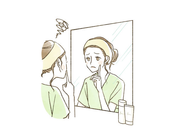 ilustrações, clipart, desenhos animados e ícones de mulher preocupada olhando no espelho - bathroom sink illustrations