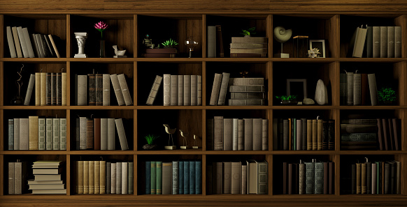 3d illustration. Wall wooden background classical library books or cabinet wall study or living room, education