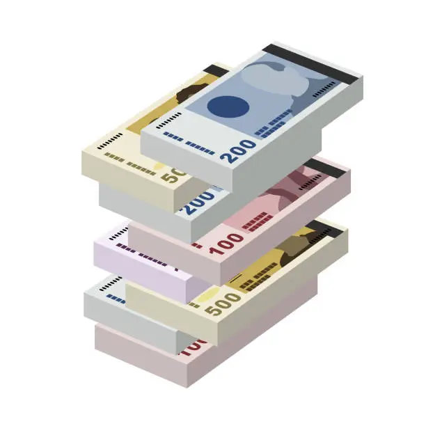 Vector illustration of Norwegian Krone Vector Illustration. Norway money set bundle banknotes. Paper money 100, 200, 500, 1000 kr. Flat style. Isolated on white background. Simple minimal design.