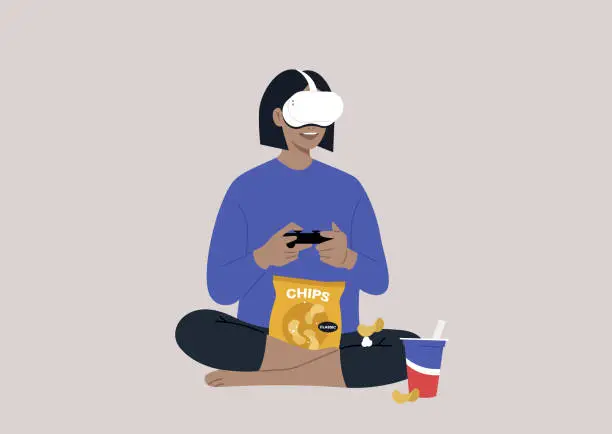 Vector illustration of A young female character wearing a VR headset, playing a video game console, and munching snacks, a wireless entertainment technology, modern lifestyle