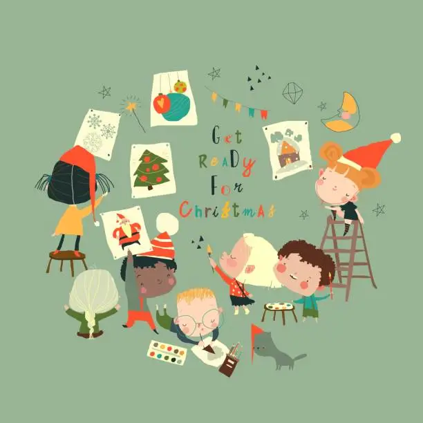Vector illustration of Cartoon Set with Children getting ready for Christmas,painting,Handiwork. Holidays Workshop