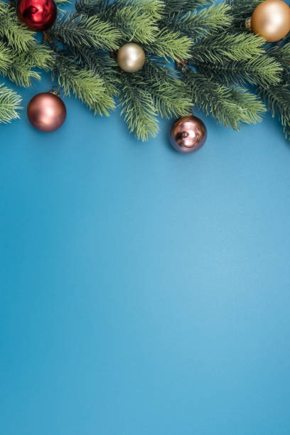 istock Christmas composition. festive decor on blue background. Copy space, flat lay, top view. 1446375992