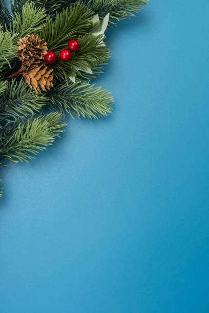 istock Christmas composition. festive decor on blue background. Copy space, flat lay, top view. 1446376157