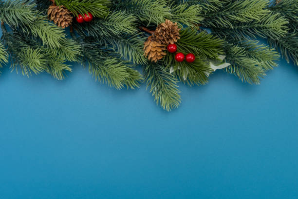istock Christmas composition. festive decor on blue background. Copy space, flat lay, top view. 1446376161
