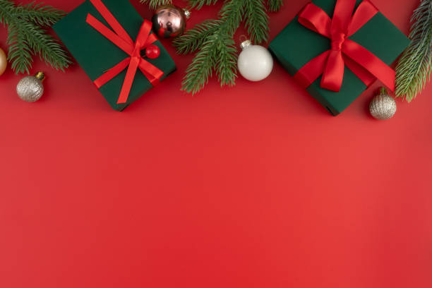 istock Christmas composition. Festive decor on red background. Copy space, flat lay, top view. 1446376390