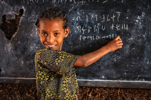 African little girl during her Amharic class in very remote school. The bricks that make up the walls of the school are made of clay and straw. There is no light and electricity inside the classroom