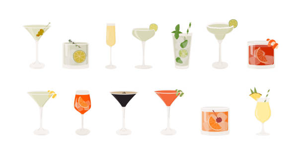 Set of classic cocktails. Different alcoholic drinks in various glasses. Summer aperitif garnish with lime twist, orange slice, olive skewer, cherry. Vector illustration of soft and alcohol beverages. Set of classic cocktails. Different alcoholic drinks in various glasses. Summer aperitif garnish with lime twist, orange slice, olive skewer, cherry. Vector illustration of soft and alcohol beverages martini stock illustrations