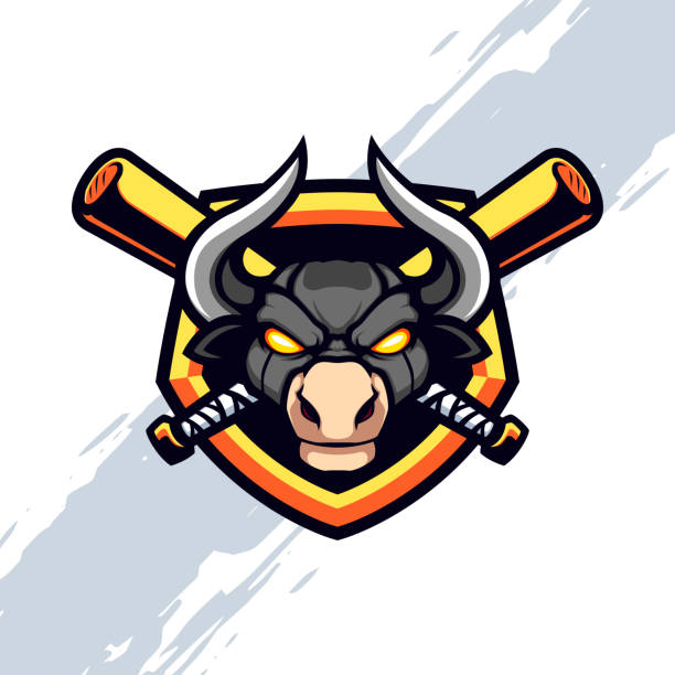 maskotka baseballowa mad black bull - taurus bull minotaur cow stock illustrations