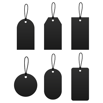 Blank black paper price tags or gift tags of various shapes. Discount tags icon shapes of various shapes with rope for store