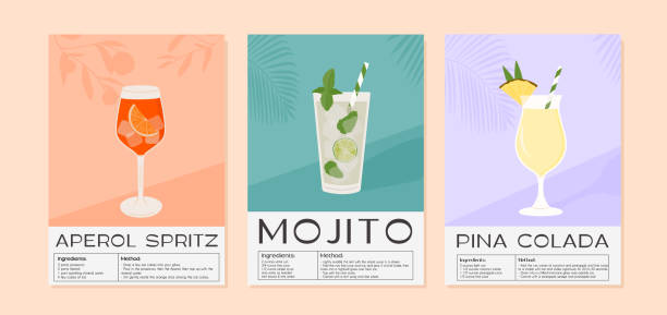 ilustraciones, imágenes clip art, dibujos animados e iconos de stock de receta de mojito, aperol spritz y cóctel de piña colada con ingrediente. aperitivo de verano con hielo. impresión gráfica de bebidas alcohólicas embargadas. estampado vertical contemporáneo minimalista. ilustración vectorial - refreshment drink drinking straw cocktail