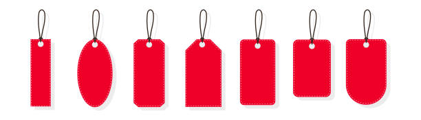 ilustrações, clipart, desenhos animados e ícones de etiquetas de preço de papel vermelho em branco ou etiquetas de presente de várias formas. ícone de forma de etiquetas de desconto de várias formas com corda para a loja. - price tag label gift tag symbol