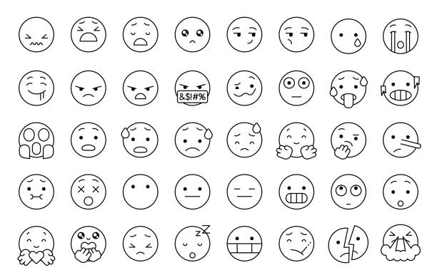 Emoticons collection thin line art and editable strokes Vector illustration of a big collection of emoticons with thin lines. Strokes are fully editable on the vector file. Cut out design elements on a transparent background also on the vector file. pleading emoji stock illustrations