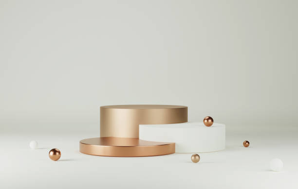 istock Round podium elegant, golden border and geometric round objects on abstract white background. 1446384590