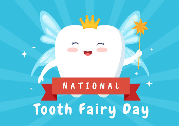 narodowy dzień wróżki zębowej z małą dziewczynką, aby pomóc dzieciom w leczeniu stomatologicznym pasuje jako plakat w płaskiej kreskówce ręcznie rysowany szablon ilustracji - toothfairy stock illustrations