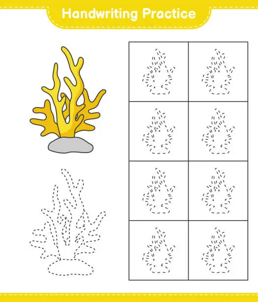 Vector illustration of Handwriting practice. Tracing lines of Coral. Educational children game, printable worksheet, vector illustration