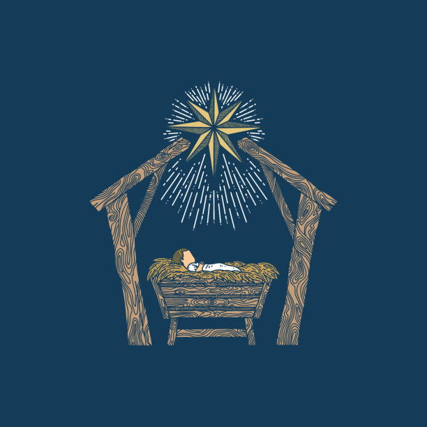 The Nativity Scene. A hand-drawn manger for the baby Jesus. The Star of Bethlehem above the stable where the Savior of the world was born. The Nativity Scene. A hand-drawn manger for the baby Jesus. The Star of Bethlehem above the stable where the Savior of the world was born. nativity scene stock illustrations