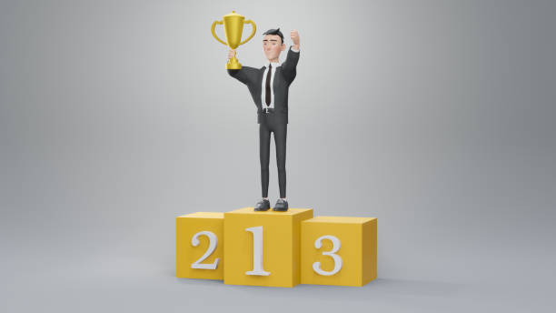 istock 3d render. Awards ceremony. Man with winner cup on a pedestal 1446393590