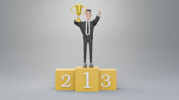 istock 3d render. Awards ceremony. Man with winner cup on a pedestal 1446393595