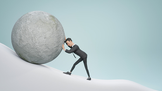 3d render. Sisyphus metaphore. Silhouette of businessman pushing heavy stone boulder up on hill.