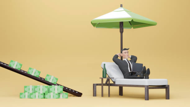 istock 3d render. young man rests and rejoices passive income. From the tap fall dollars. The concept of investing and cryptographic. 1446393679