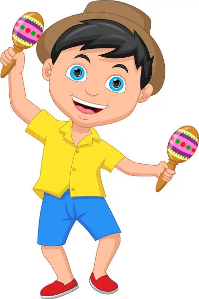 Vector illustration of happy boy playing maracas