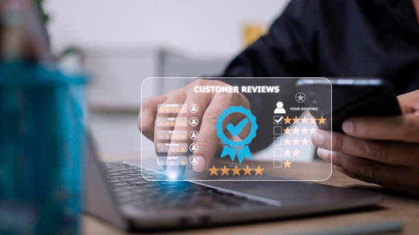 istock Customer review satisfaction feedback survey concept, User give rating to service experience on online application, service leading to reputation ranking of business. 1446398205