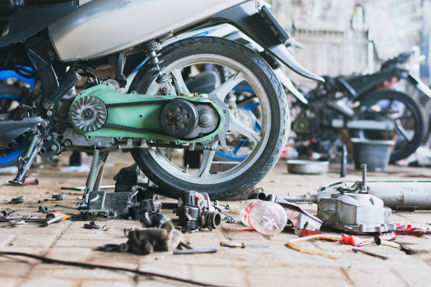 istock Fan belt automatic motorbike in the workshop 1446398737