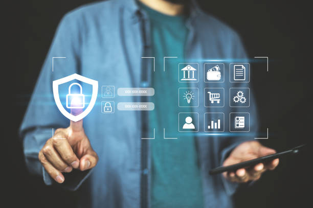 istock Businessman using password Cybersecurity and privacy concepts to protect data. Lock icon internet network security technology. Businessmen protecting personal data on laptop and virtual interfaces. 1446401200