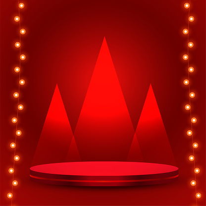 3d podium design on red background with glowing lights