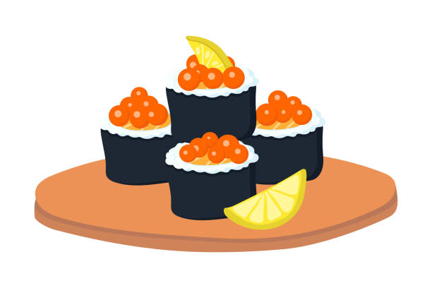 illustrazioni stock, clip art, cartoni animati e icone di tendenza di set di involtini con caviale rosso e limone - caviar
