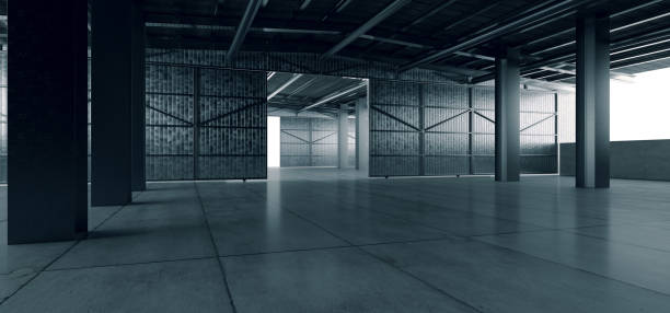 istock Grunge Studio Showroom Big Empty Steel Concrete Hangar Warehouse Barn Huge Space DayIight Windows Modern Workshop Car Garage Depot 3D Rendering 1446404179