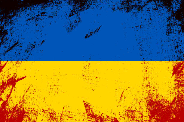 blutige und beschädigte flagge der ukraine. - ukrainian culture audio stock-grafiken, -clipart, -cartoons und -symbole