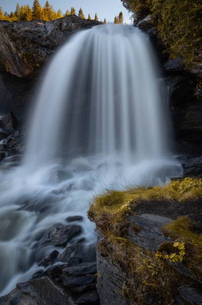 istock Vertical long exposure shot of Ristafallet waterfall dropping on rocks with some fall plants around 1446405922