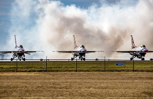 Fort Worth, United States – November 04, 2022: The thunderbirds getting ready to performing at the air show in Fort Worth, Texas at Alliance Airport.